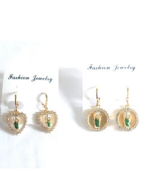 Gold Plated Earrings with Green Accents – Heart & Round Pair